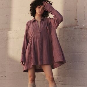 FREE PEOPLE Voyager oversized shirt dress mauve/dustyrose pocket cotton gauze S